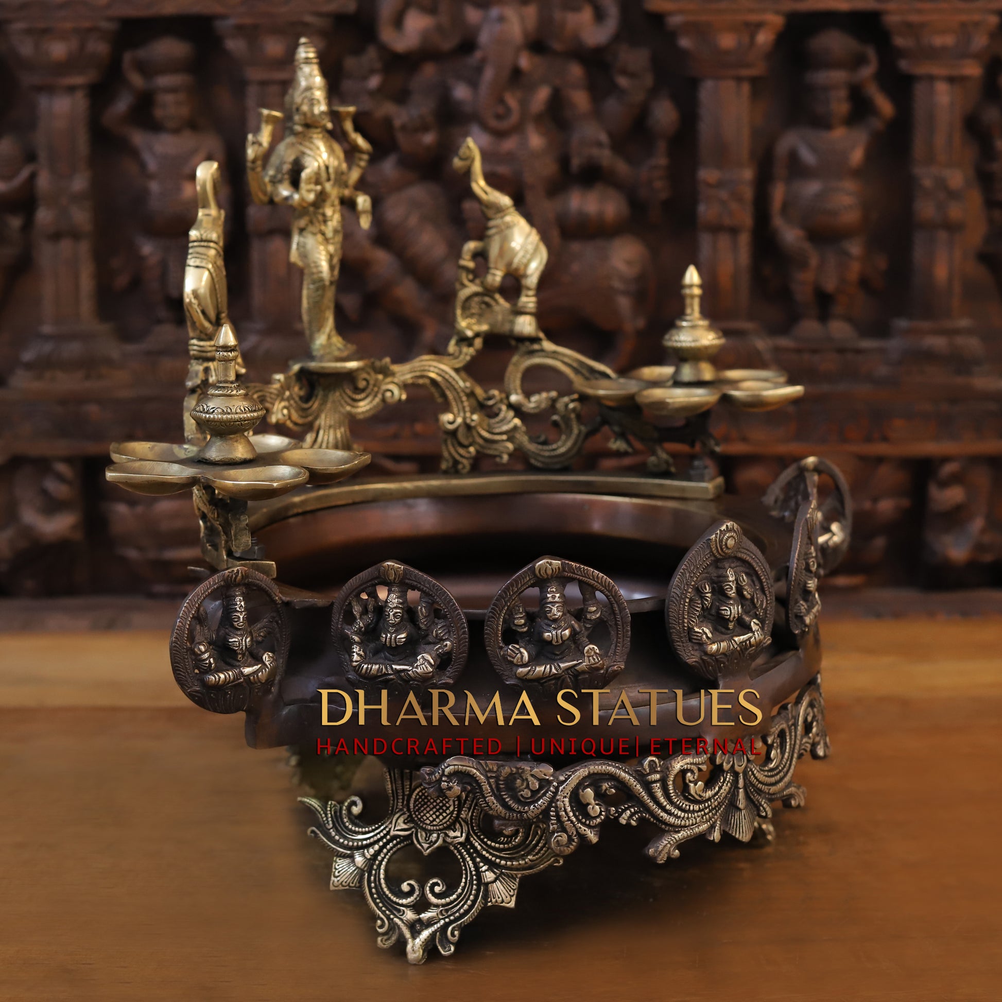 Brass Gajlakshmi Urli, Golden and Copper Finish 17" side view