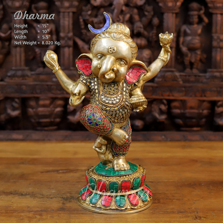 Brass Dancing Ganesh Idol, Golden and Stone work 15"