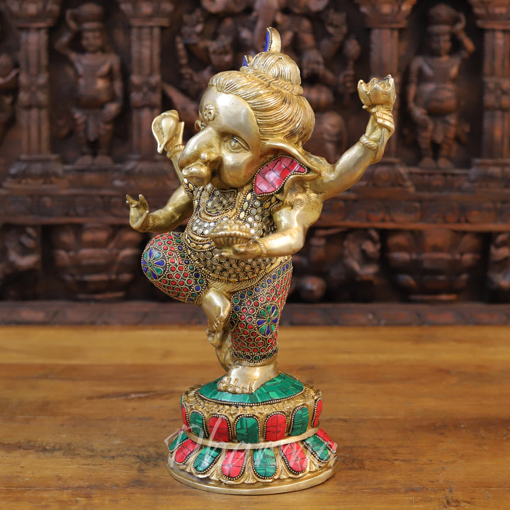 Brass Dancing Ganesh Idol, Golden and Stone work 15"