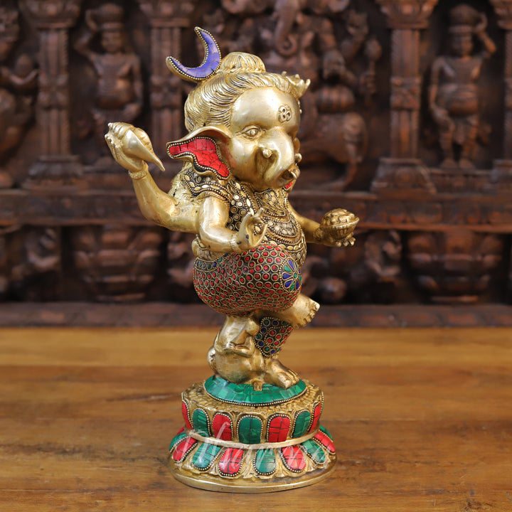 Brass Dancing Ganesh Idol, Golden and Stone work 15"