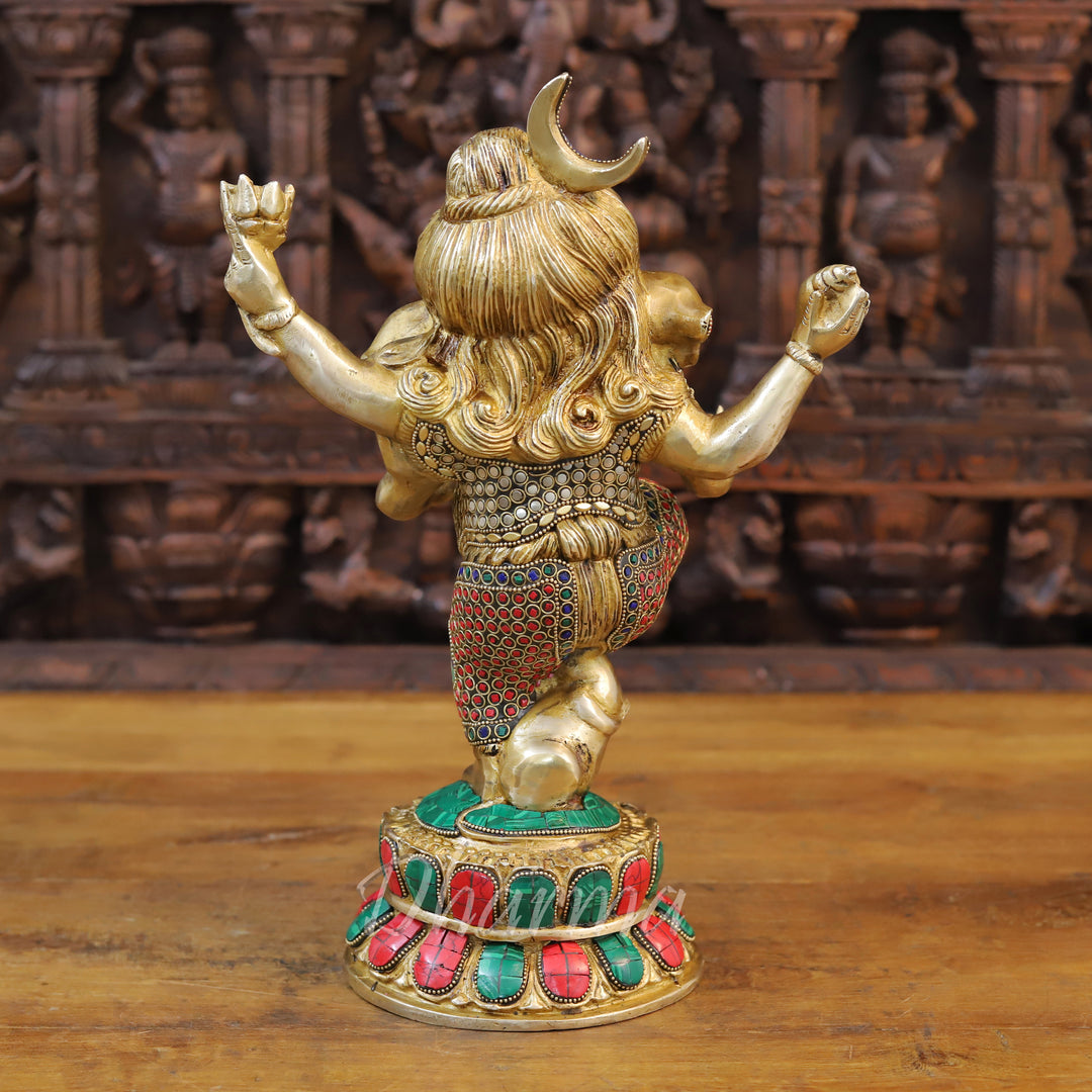 Brass Dancing Ganesh Idol, Golden and Stone work 15"