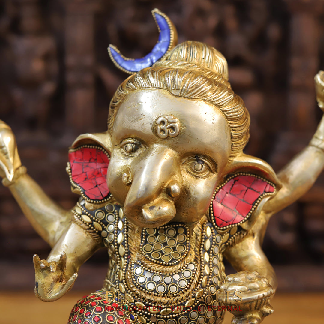 Brass Dancing Ganesh Idol, Golden and Stone work 15"