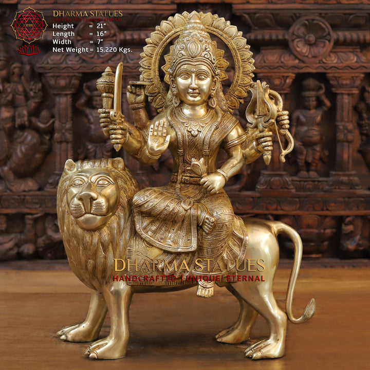 Brass Durga Idol- Sitting on a Mighty lion, Golden Fine Work 21.5" Front View