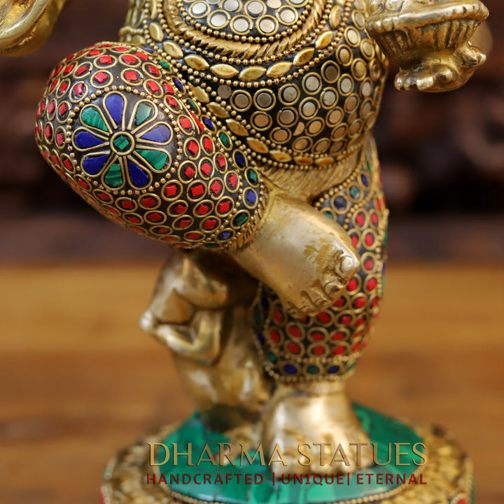 Brass Dancing Ganesh Idol, Golden and Stone work 15"