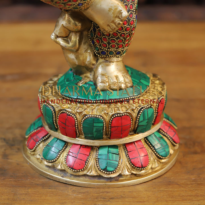 Brass Dancing Ganesh Idol, Golden and Stone work 15"