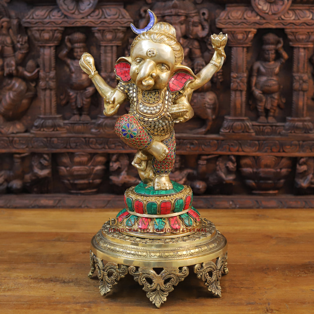 Brass Dancing Ganesh Idol, Golden and Stone work 15"