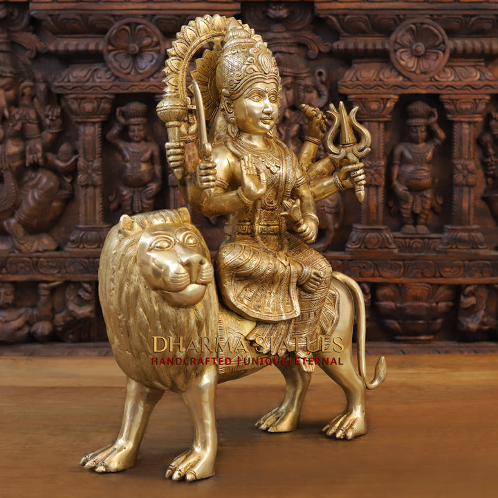 Brass Durga Idol- Sitting on a Mighty lion, Golden Fine Work 21.5"