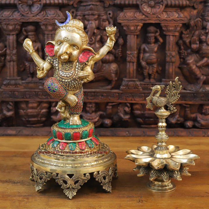 Brass Dancing Ganesh Idol, Golden and Stone work 15"