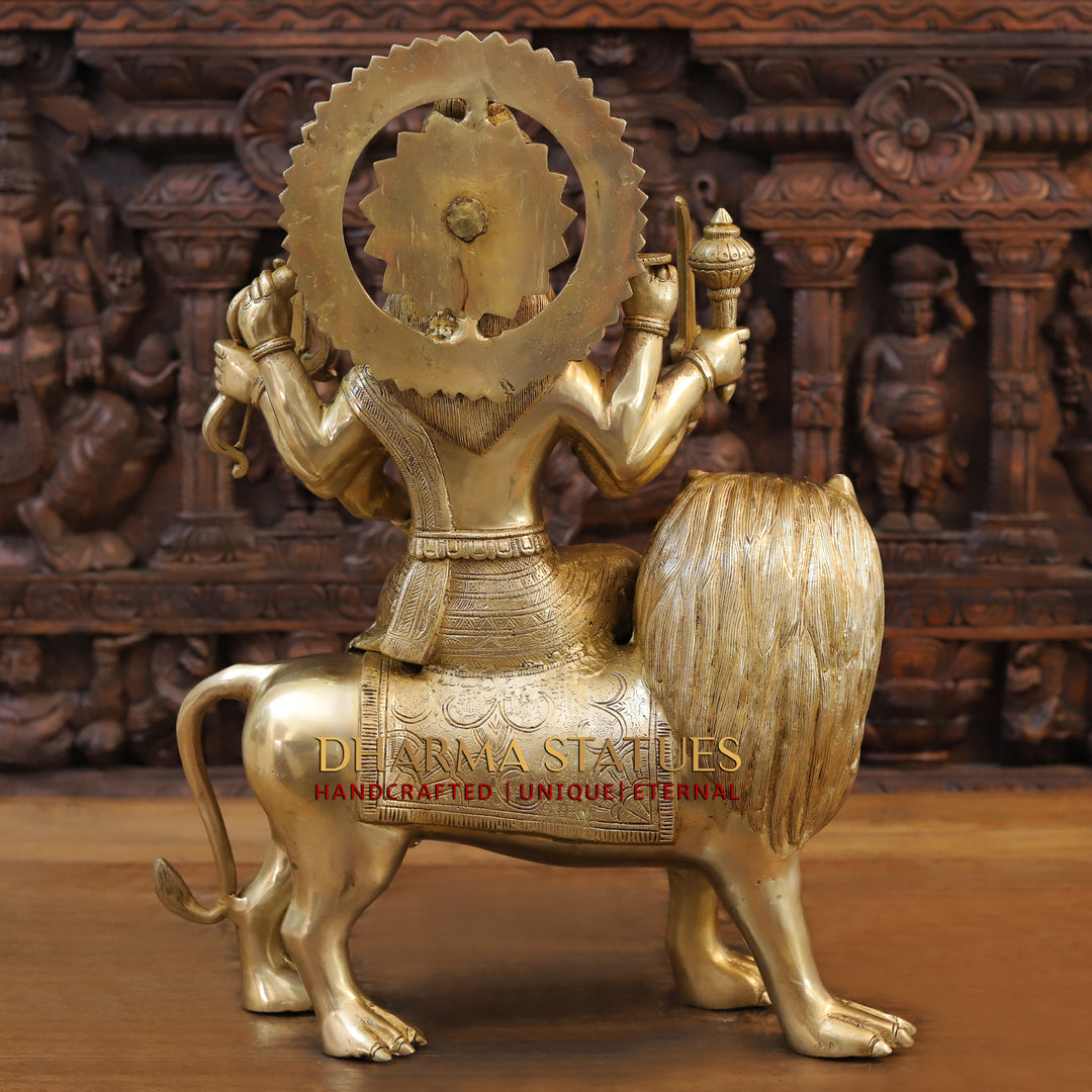 Brass Durga Idol- Sitting on a Mighty lion, Golden Fine Work 21.5"