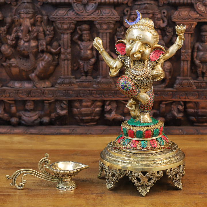 Brass Dancing Ganesh Idol, Golden and Stone work 15"