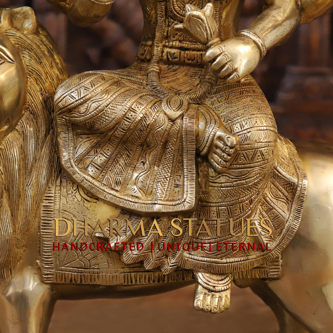 Brass Durga Idol- Sitting on a Mighty lion, Golden Fine Work 21.5"