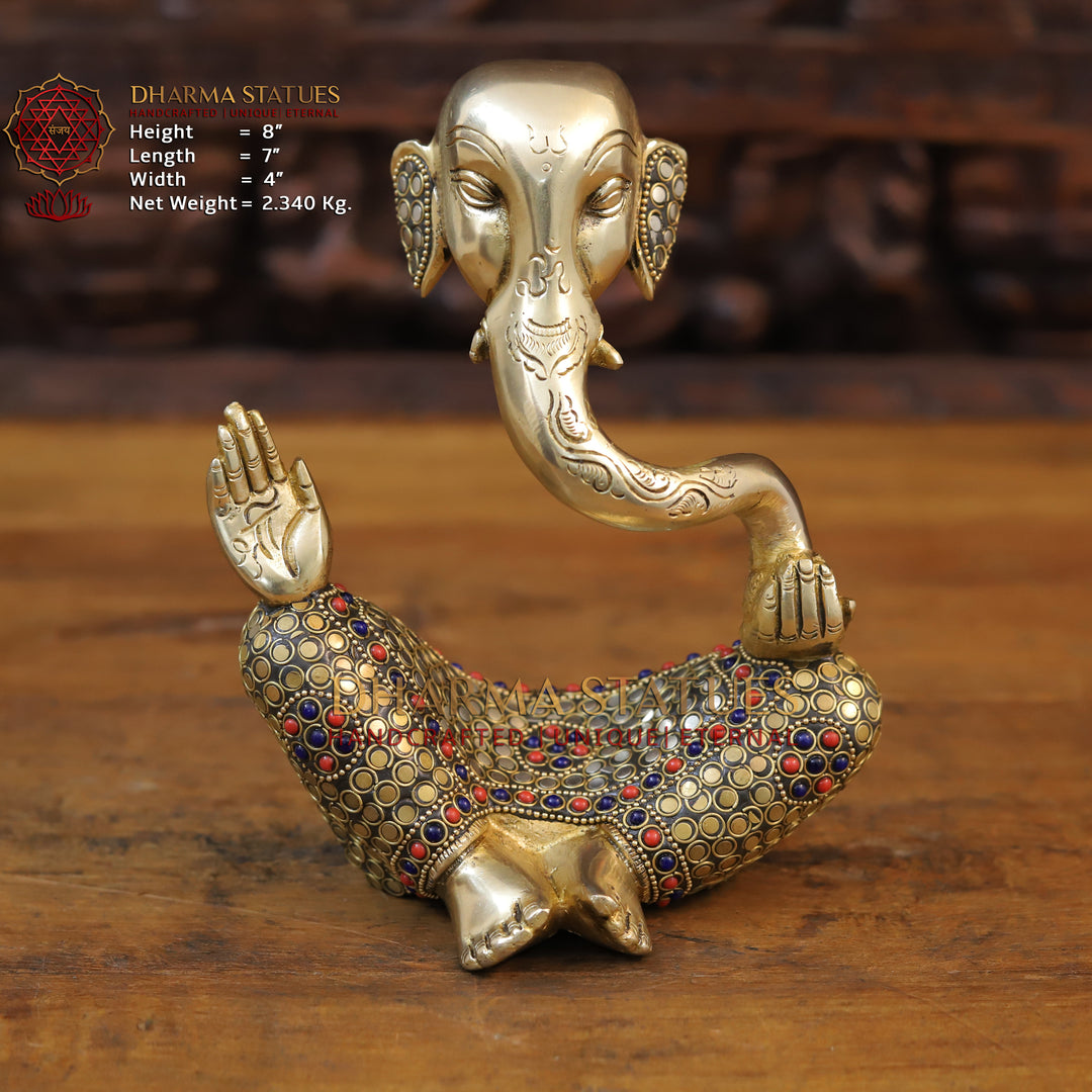 Brass Modern Ganesh Idol, Golden & Stone work 8" Front View