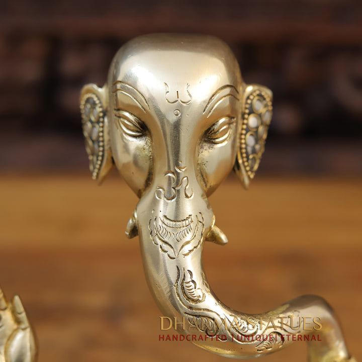 Brass Modern Ganesh Idol, Golden & Stone work 8"