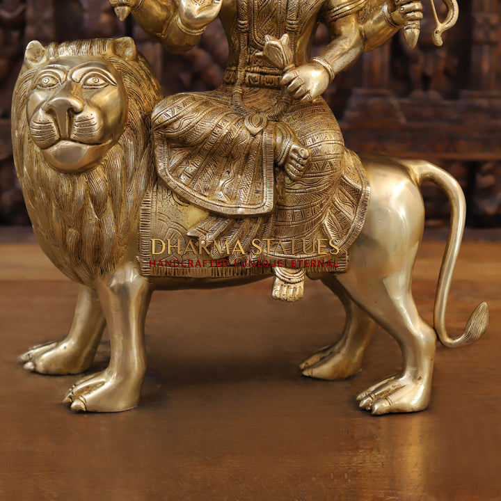 Brass Durga Idol- Sitting on a Mighty lion, Golden Fine Work 21.5"