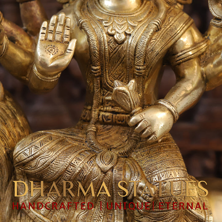 Brass Durga Idol- Sitting on a Mighty lion, Golden Fine Work 21.5"