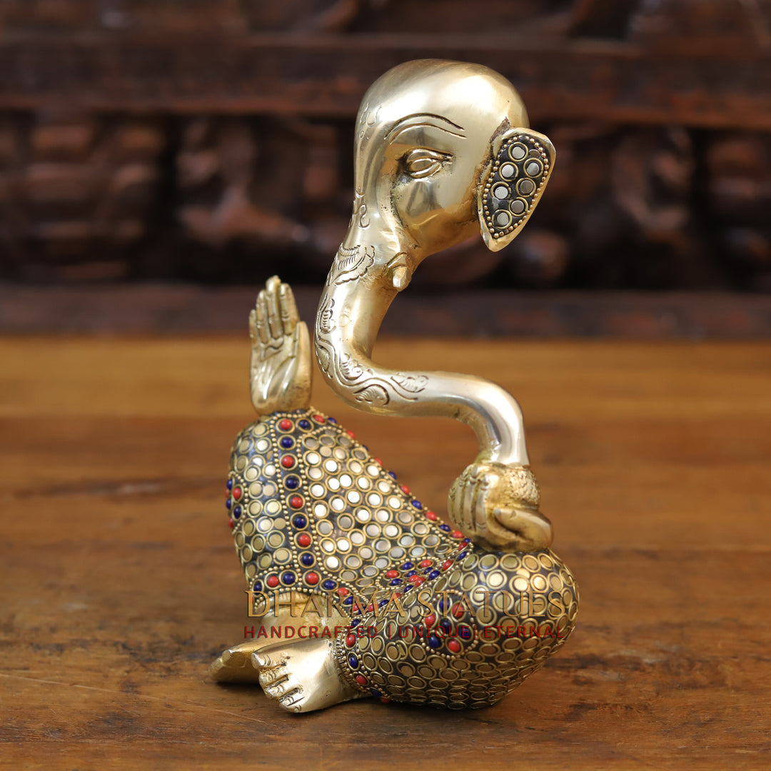 Brass Modern Ganesh Idol, Golden & Stone work 8"