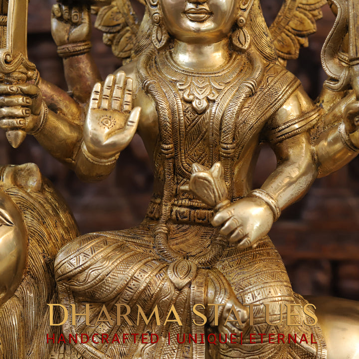 Brass Durga Idol- Sitting on a Mighty lion, Golden Fine Work 21.5"