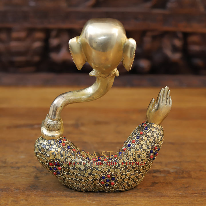 Brass Modern Ganesh Idol, Golden & Stone work 8"