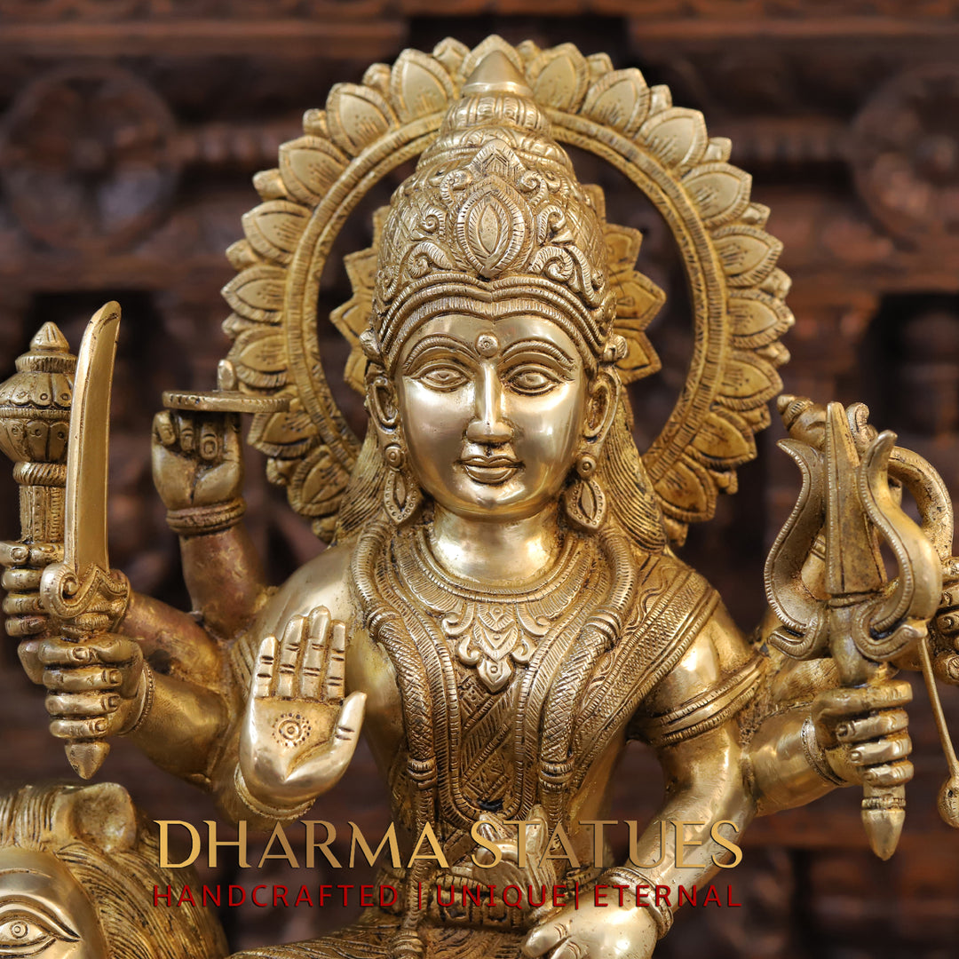 Brass Durga Idol- Sitting on a Mighty lion, Golden Fine Work 21.5"