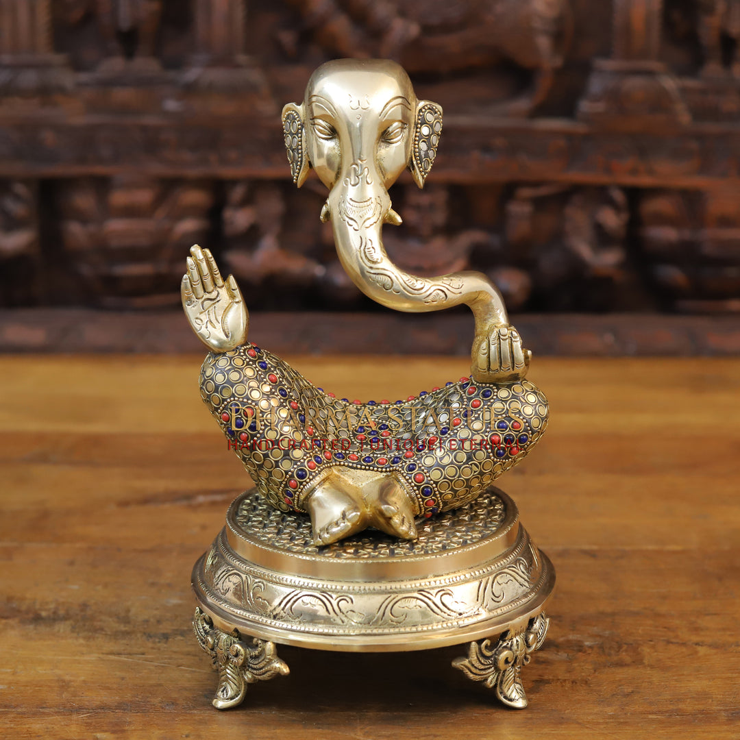 Brass Modern Ganesh Idol, Golden & Stone work 8"