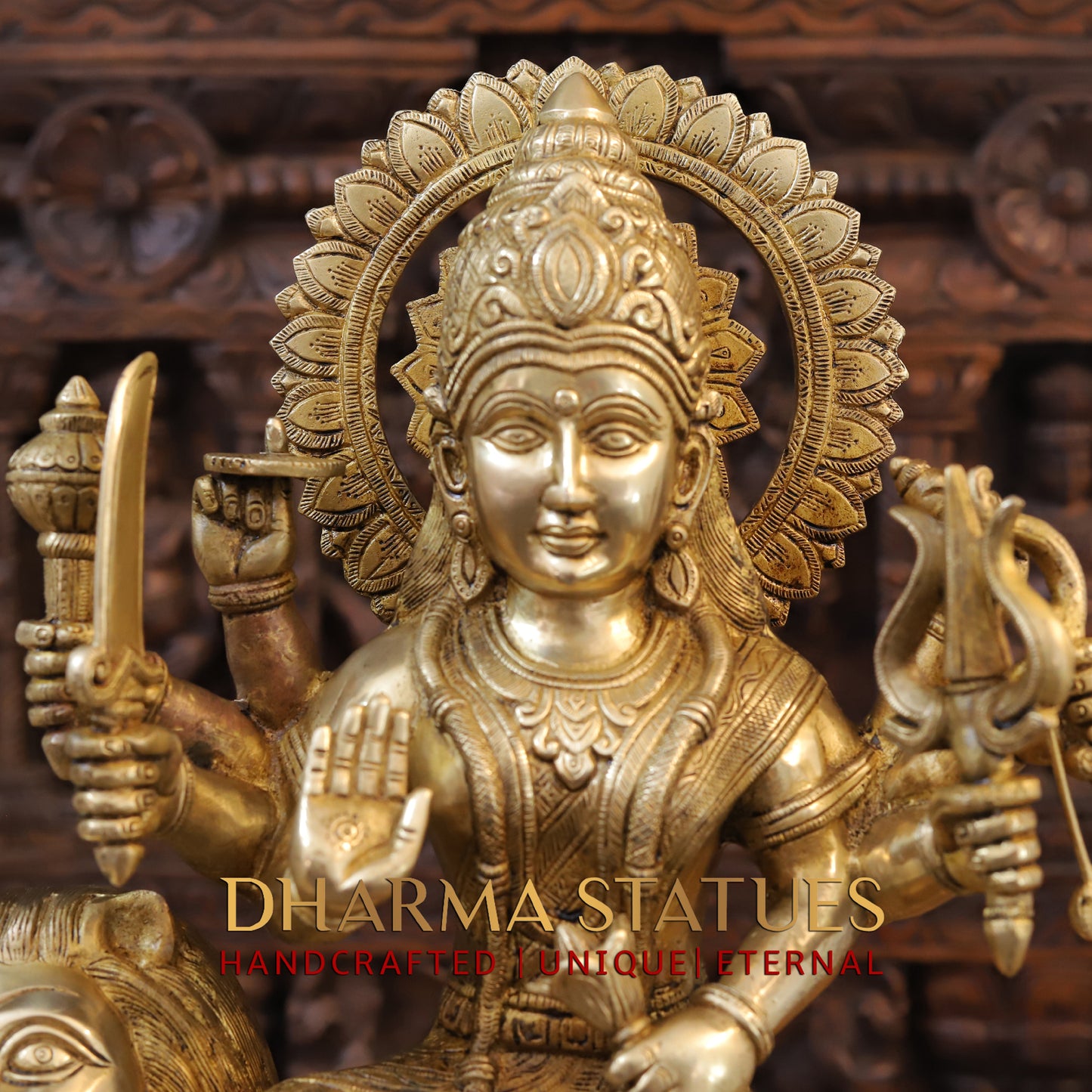 Brass Durga Idol- Sitting on a Mighty lion, Golden Fine Work 21.5"