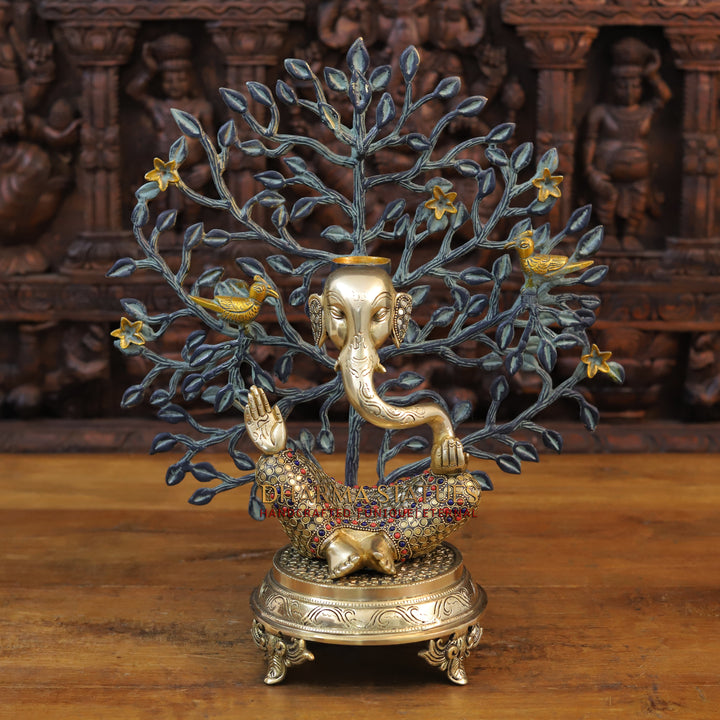 Brass Modern Ganesh Idol, Golden & Stone work 8"