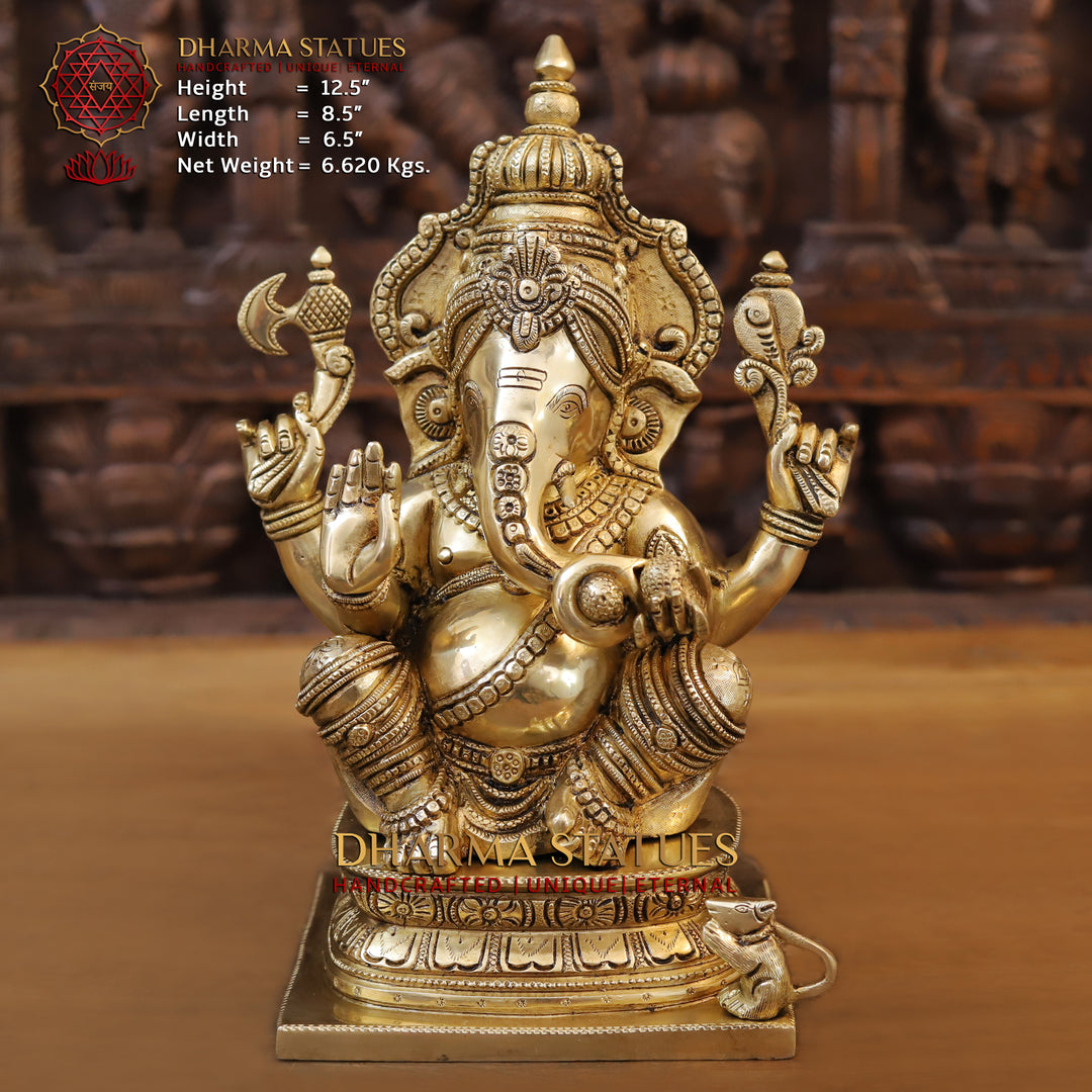 Brass Ganesh Idol, Seated on a Lotus, Fine Golden Finish 12.5" Front View