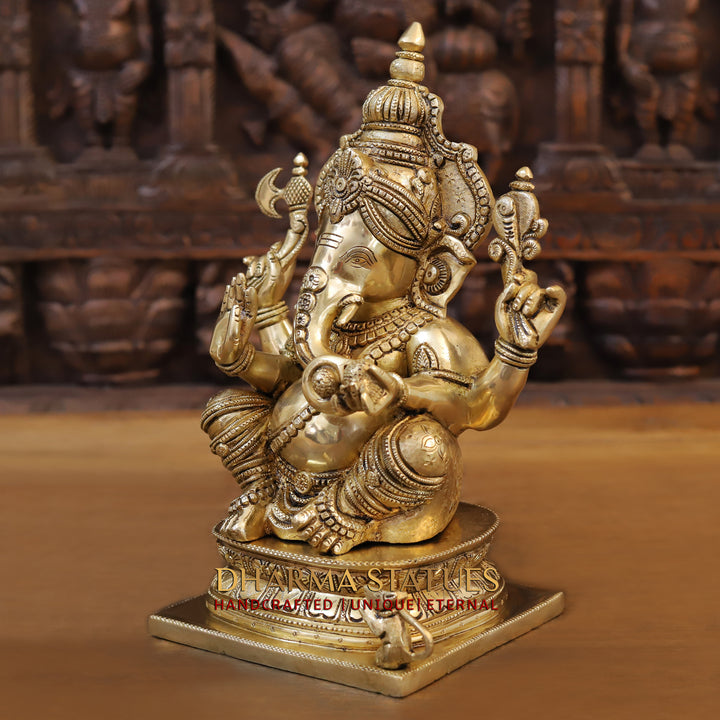 Brass Ganesh Idol With Round Trunk, Fine Golden Finish 12.5"