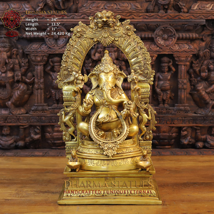 Brass Ganesh Idol, Seated on a Throne With Rat holding Diya, Fine Golden Finish 24"