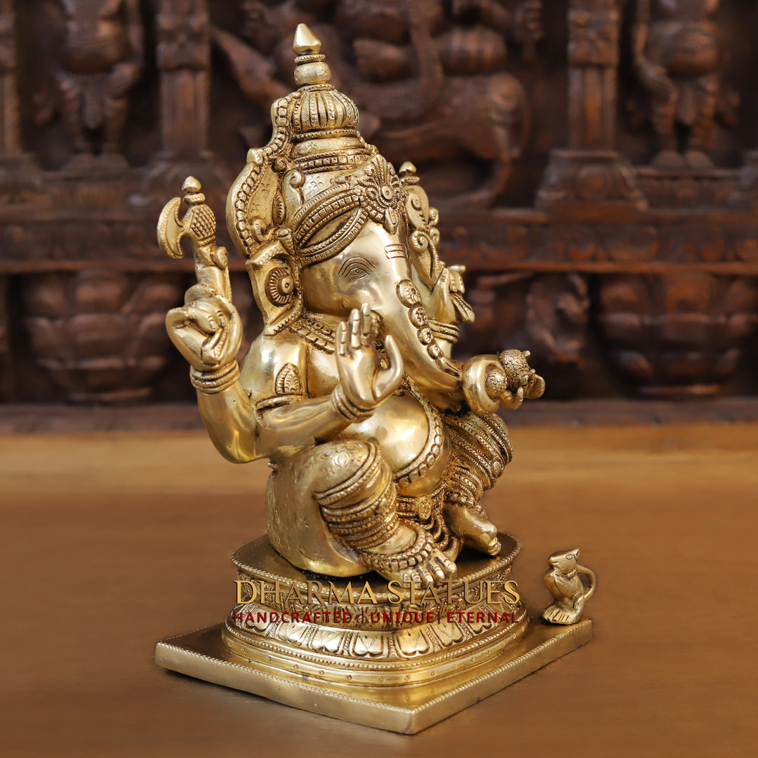 Brass Ganesh Idol With Round Trunk, Fine Golden Finish 12.5"