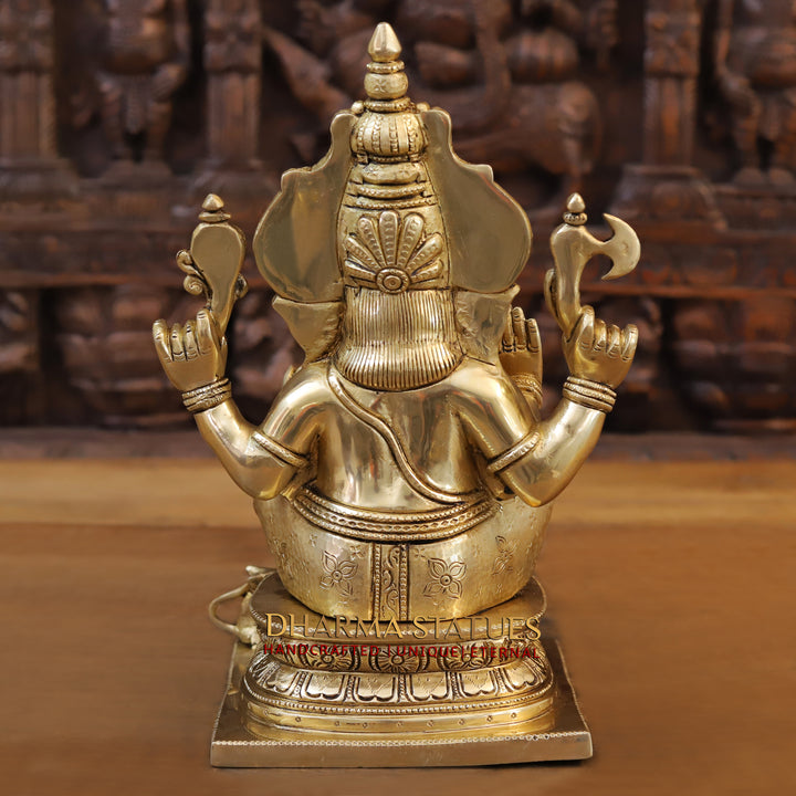 Brass Ganesh Idol With Round Trunk, Fine Golden Finish 12.5"