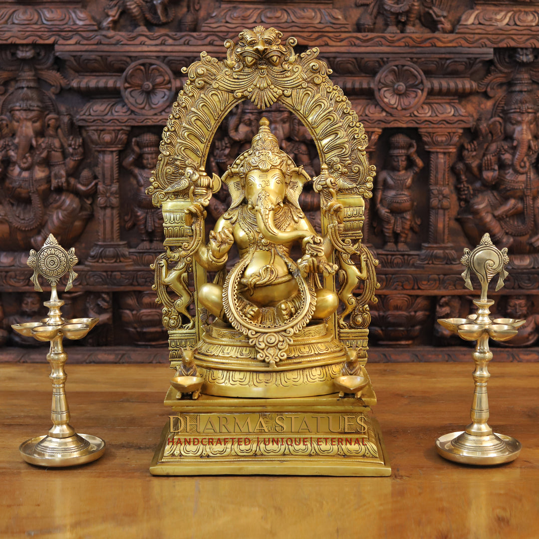 Brass Ganesh Idol, Seated on a Throne With Rat holding Diya, Fine Golden Finish 24"