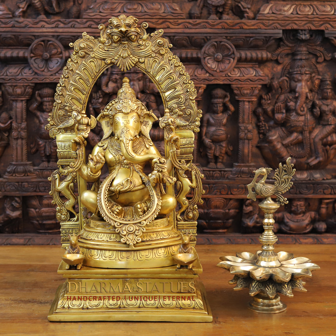 Brass Ganesh Idol, Seated on a Throne With Rat holding Diya, Fine Golden Finish 24"