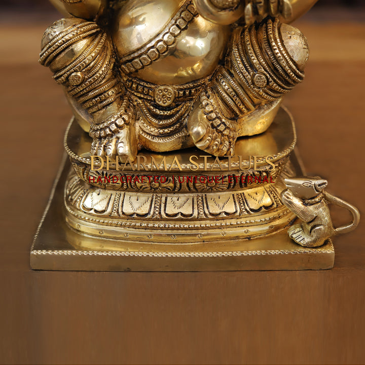 Brass Ganesh Idol With Round Trunk, Fine Golden Finish 12.5"