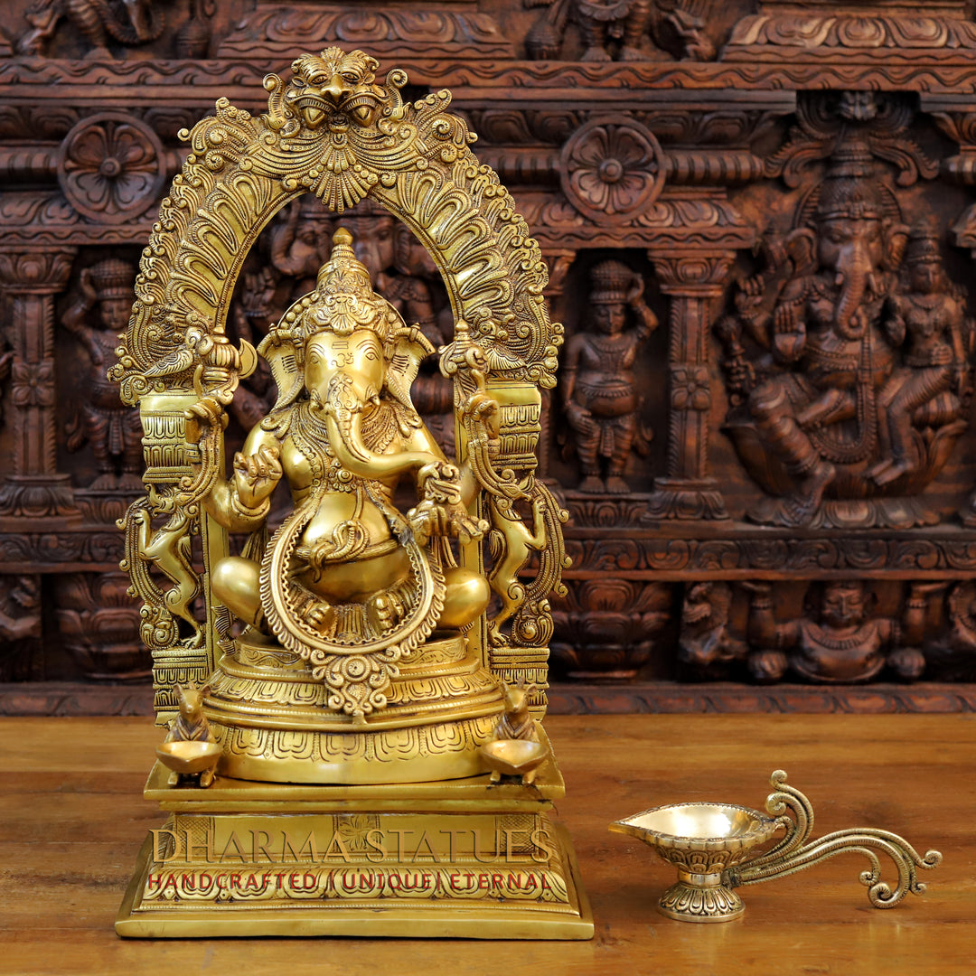 Brass Ganesh Idol, Seated on a Throne With Rat holding Diya, Fine Golden Finish 24"