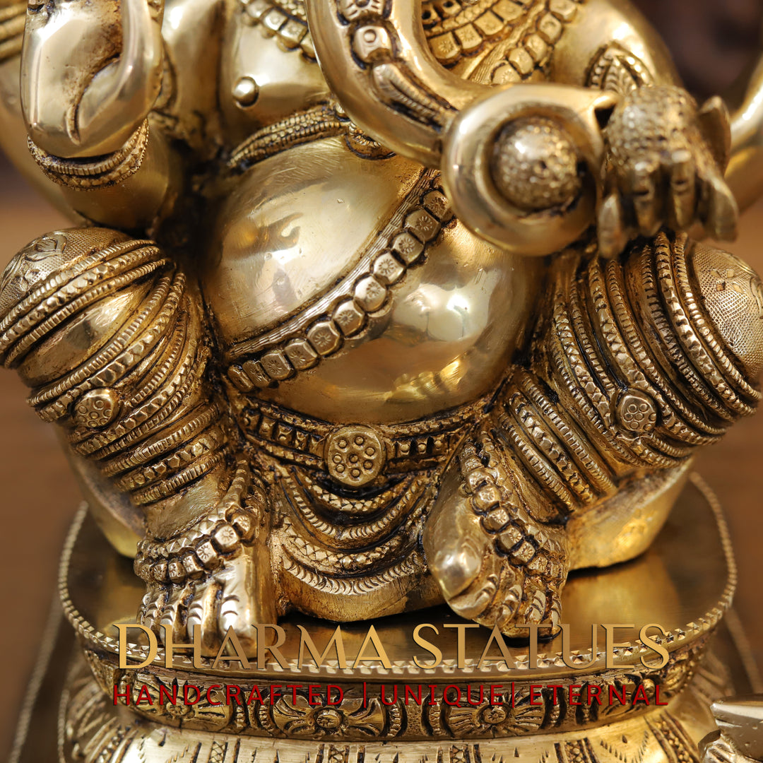 Brass Ganesh Idol With Round Trunk, Fine Golden Finish 12.5"