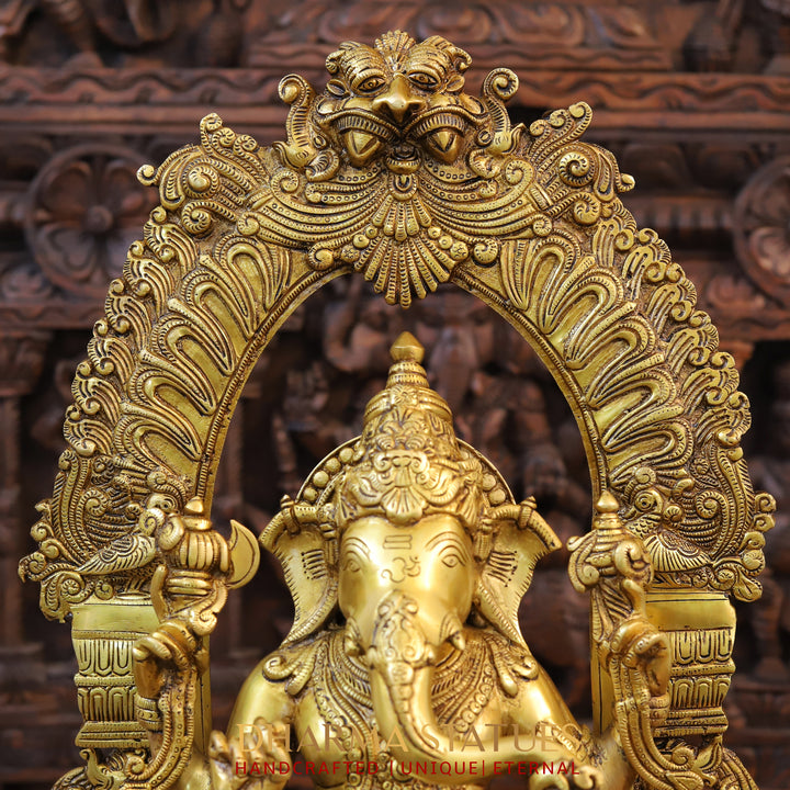 Brass Ganesh Idol, Seated on a Throne With Rat holding Diya, Fine Golden Finish 24"