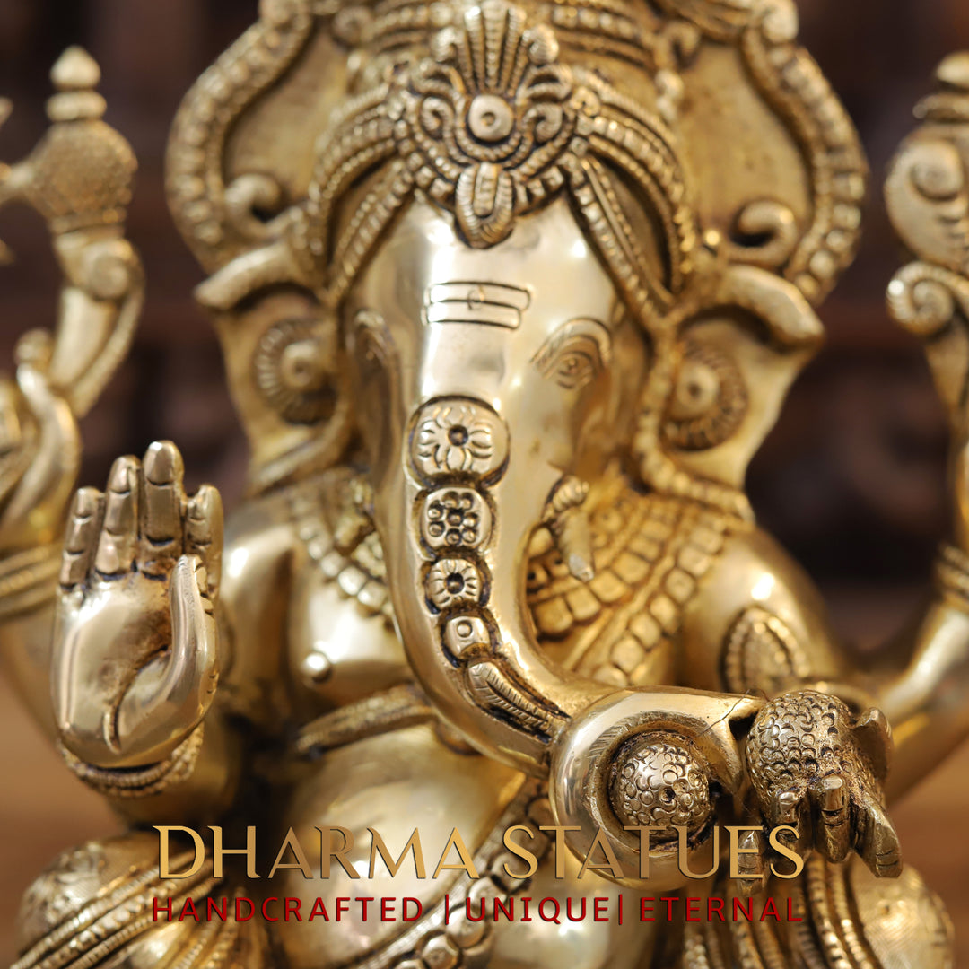 Brass Ganesh Idol With Round Trunk, Fine Golden Finish 12.5"