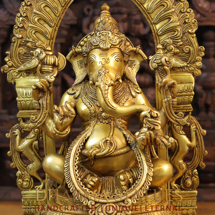 Brass Ganesh Idol, Seated on a Throne With Rat holding Diya, Fine Golden Finish 24"