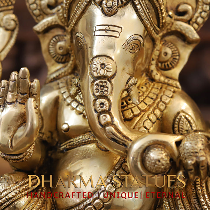 Brass Ganesh Idol With Round Trunk, Fine Golden Finish 12.5"