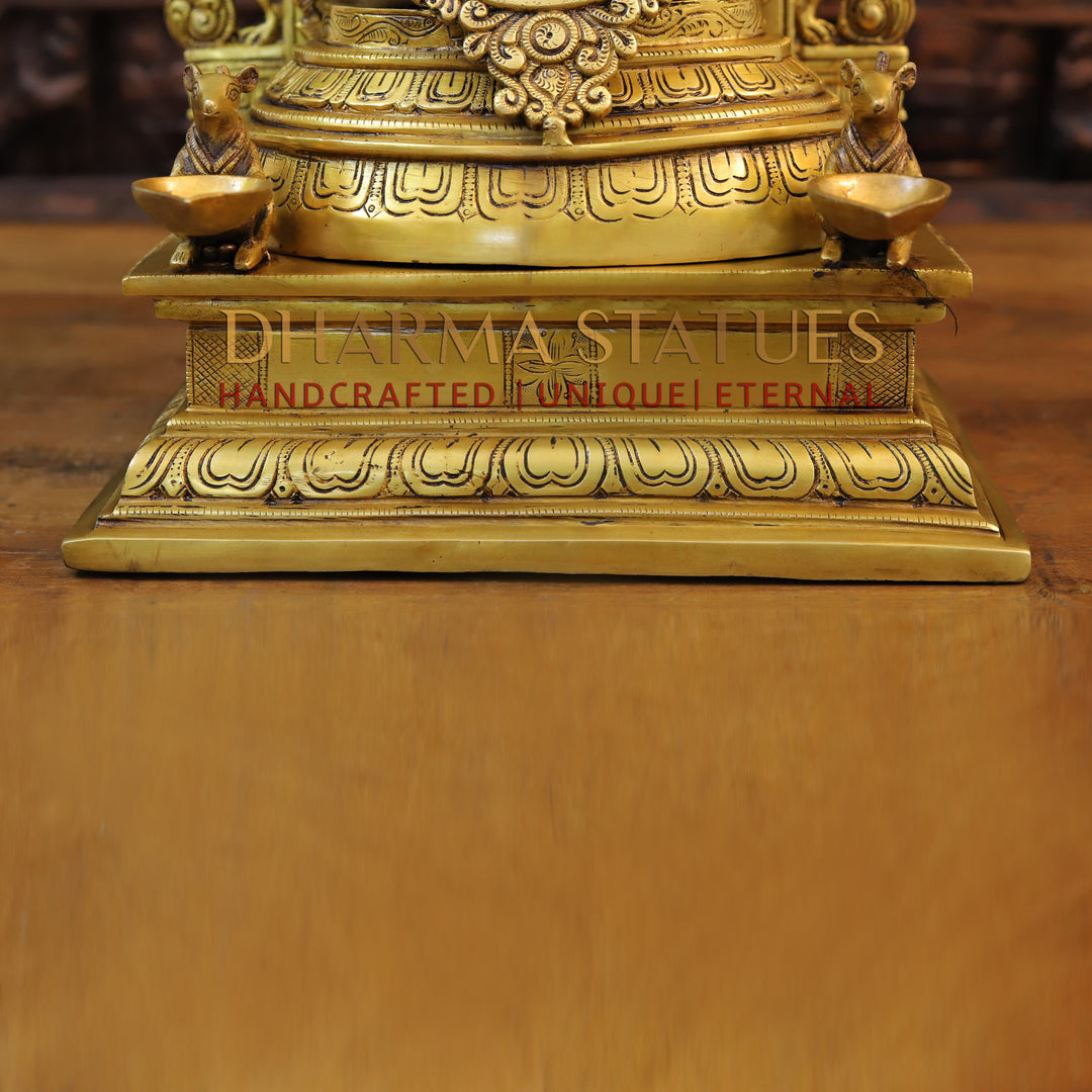 Brass Ganesh Idol, Seated on a Throne With Rat holding Diya, Fine Golden Finish 24"