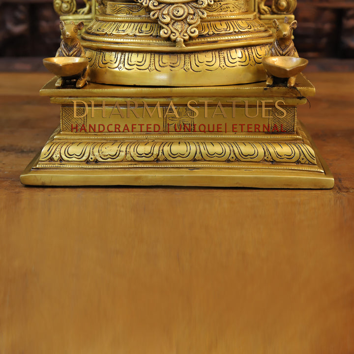 Brass Ganesh Idol, Seated on a Throne With Rat holding Diya, Fine Golden Finish 24"