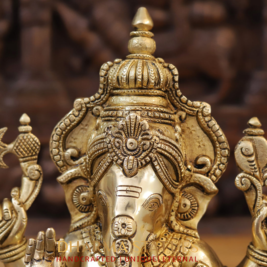 Brass Ganesh Idol With Round Trunk, Fine Golden Finish 12.5"