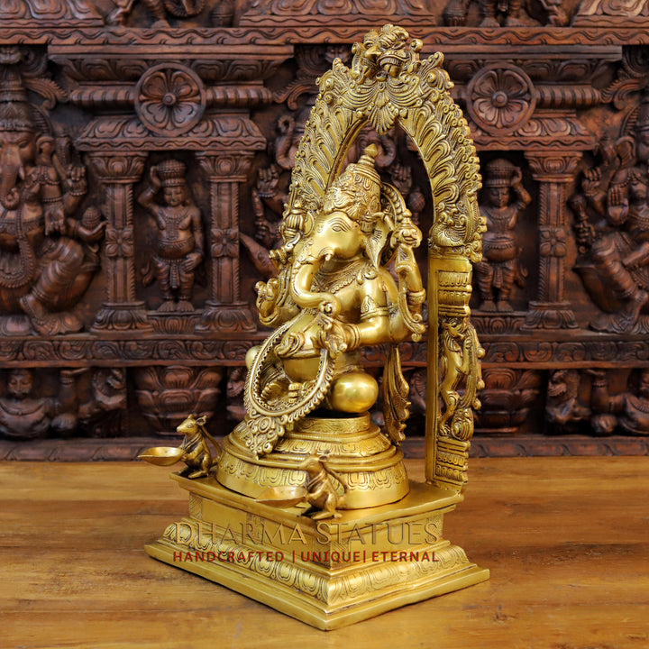 Brass Ganesh Idol, Seated on a Throne With Rat holding Diya, Fine Golden Finish 24"