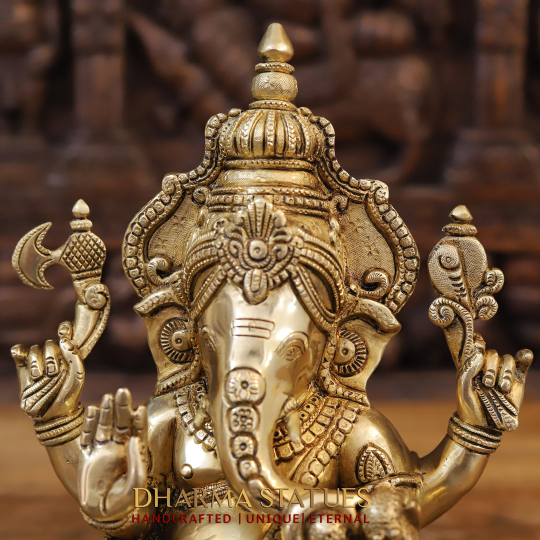 Brass Ganesh Idol With Round Trunk, Fine Golden Finish 12.5"