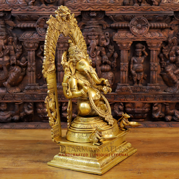 Brass Ganesh Idol, Seated on a Throne With Rat holding Diya, Fine Golden Finish 24"