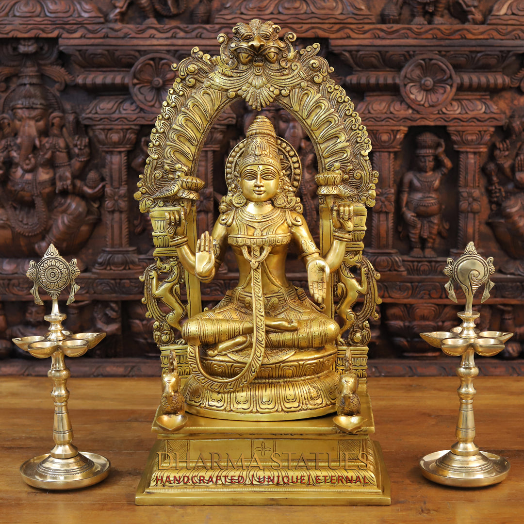 Brass Lakshmi Statue in Yaksha Frame with Peacock Diya, Fine Golden Finish 24"