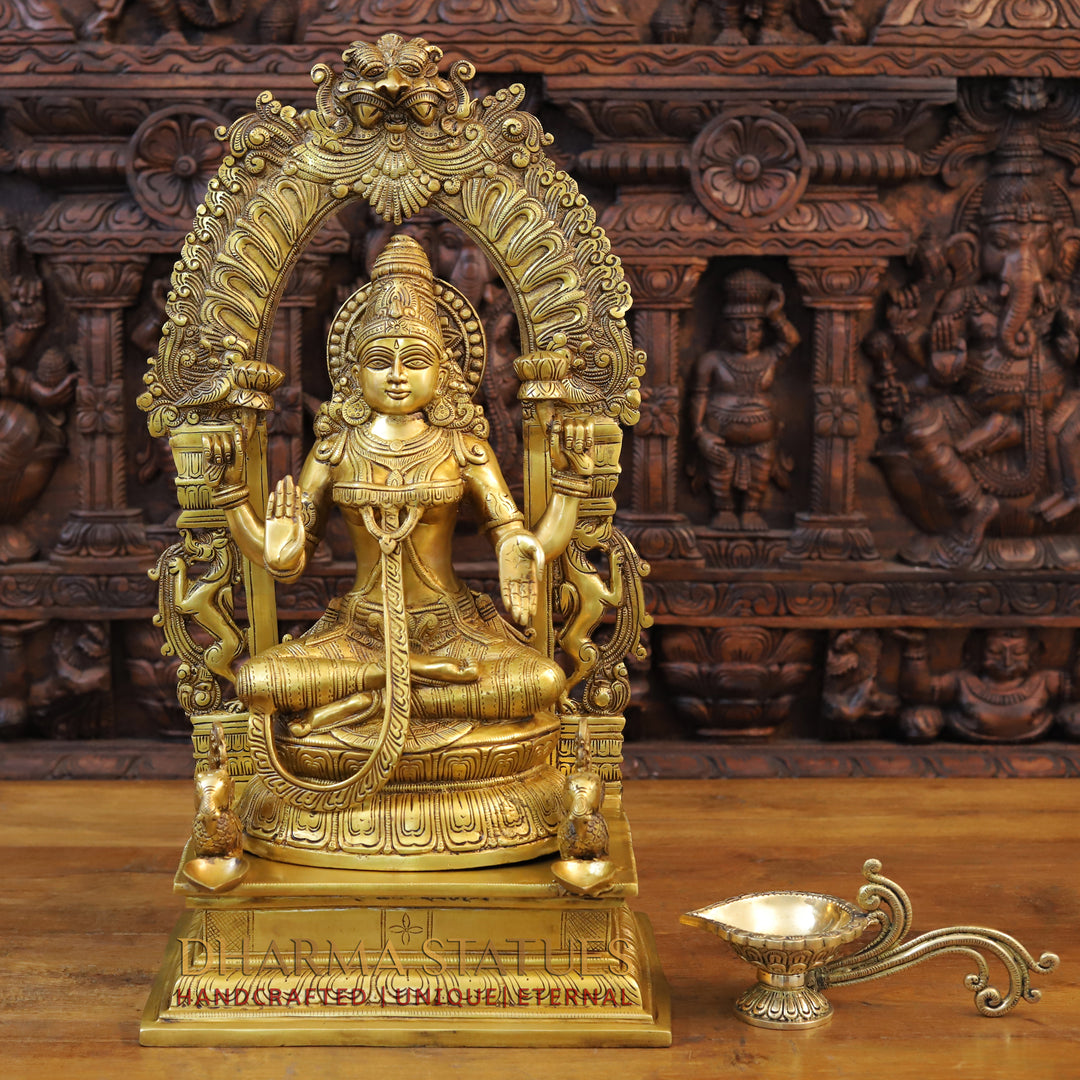 Brass Lakshmi Statue in Yaksha Frame with Peacock Diya, Fine Golden Finish 24"