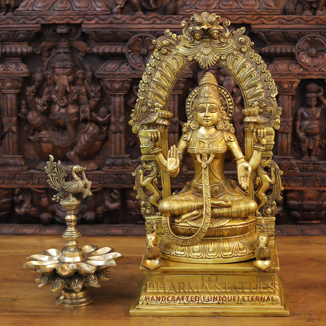 Brass Lakshmi Statue in Yaksha Frame with Peacock Diya, Fine Golden Finish 24"