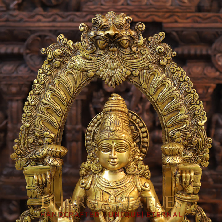 Brass Lakshmi Statue in Yaksha Frame with Peacock Diya, Fine Golden Finish 24"